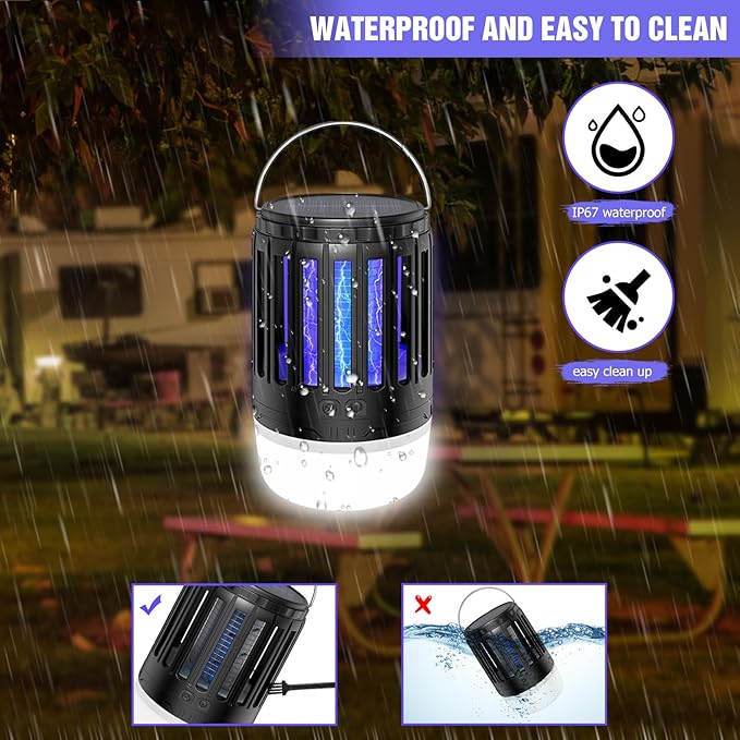 2 Pack Solar Bug Zappers Outdoor, 3 in 1 Mosquito Zapper Killer USB Rechargeable Camping Light, Waterproof Portable Gnats Flying Trap for Outdoor & Indoor