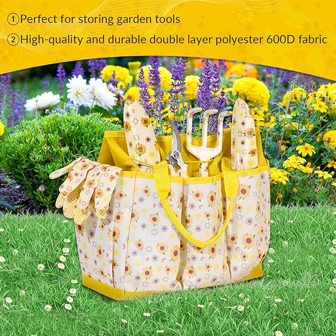 Gardening Gifts for Women, Gardening Tools for Women, 9 PCS Sunflower Garden Tools Set Kit with Garden Tool Bag, for Gardener Mom Grandma Aunt, Yellow