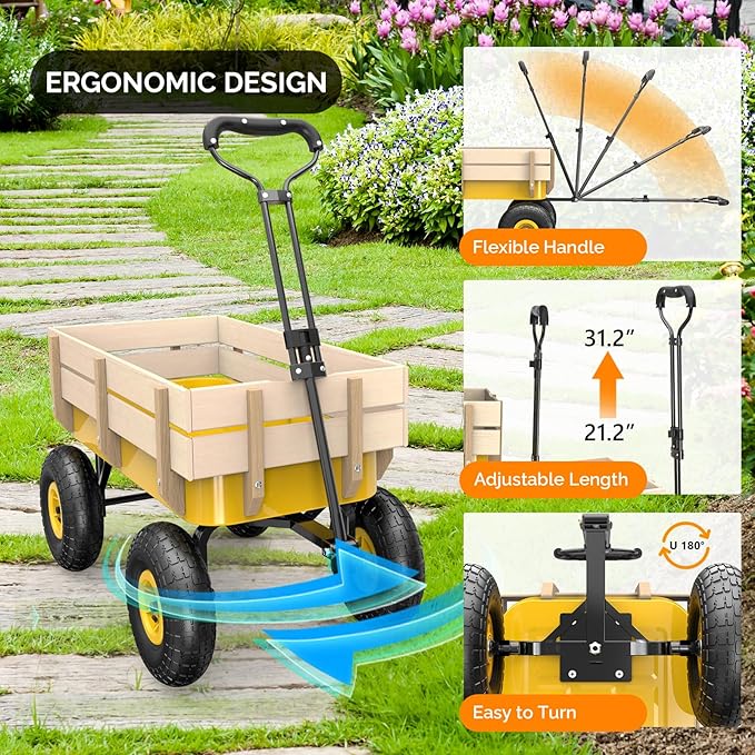 VINGLI Wagon Cart, Steel Frame and Wood Coated Railing, 330lbs All Terrain Wagon 9.2in Solid Tires for Garden and Outdoor (Yellow)