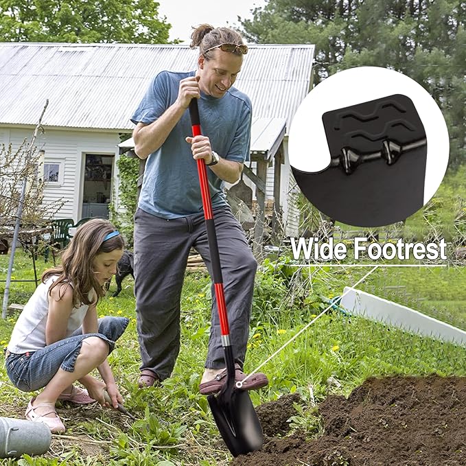 Heavy Duty Gardening Shovel, 56 Inch Round Blade with Fiberglass Handle (Red)