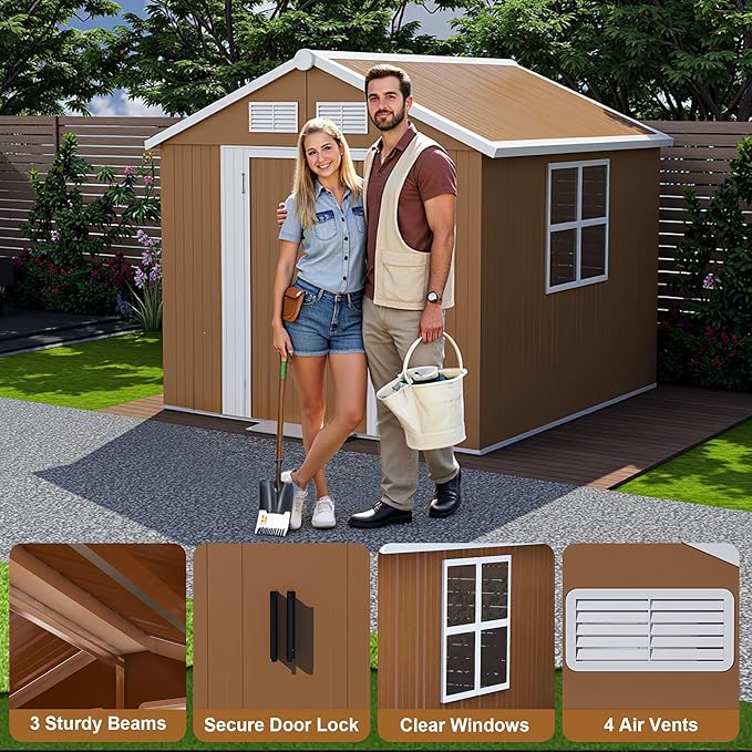 Outdoor Tool Shed 4x6 FT Heavy-Duty Metal Storage Shed with Lockable Door, Windows & Ventilation - Weather-Resistant Roof Garden Shed for Backyard, Patio, Lawn (Brown)
