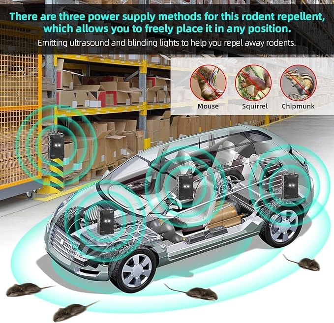 4Pack Rodent Mouse Repellent for Car Engines, Rat Mice Deterrent for Cars with Strobe Light, Under Hood Plug-in Battery Operated Car Mouse Repellent, Keep Squirrel Out of Trucks, Attic, Garage, Barn