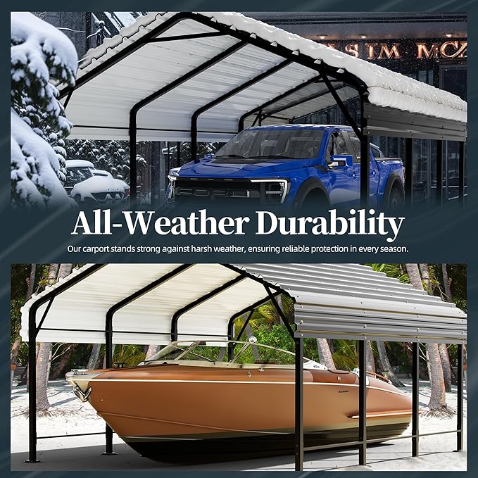 Metal Carport, Heavy Duty Metal Carport Canopy with Galvanized Steel Roof and Frame, Permanent Garage for Pickup, Bass Boat, Trucks, Car and Tractors