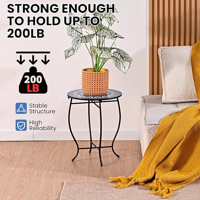 Metal Outdoor Side Table,14" Diameter Round Plant Stand for Flower Pots Vase Home Decor, Weather Resistant Patio Accent Table Plant Stand for Indoor Outdoor Use, Easy Assemble