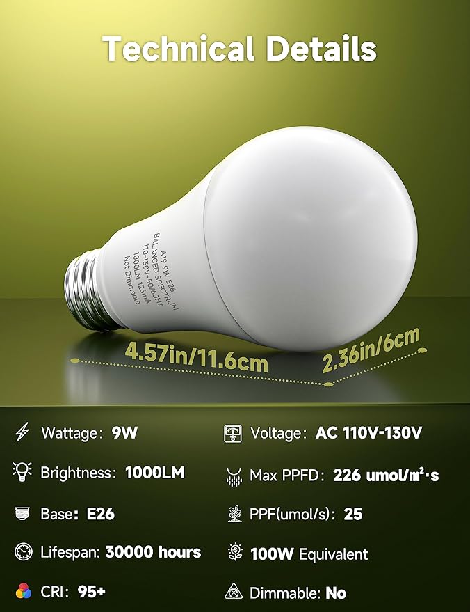 Grow Light Bulbs, A19 Grow Light Bulb, Full Spectrum Light Bulb, Plant Light Bulbs E26 Base, 9W Plant Grow Light Bulbs 100W Equivalent, Grow Light for Indoor Plants, Seeds, Flowers, 3 Pack