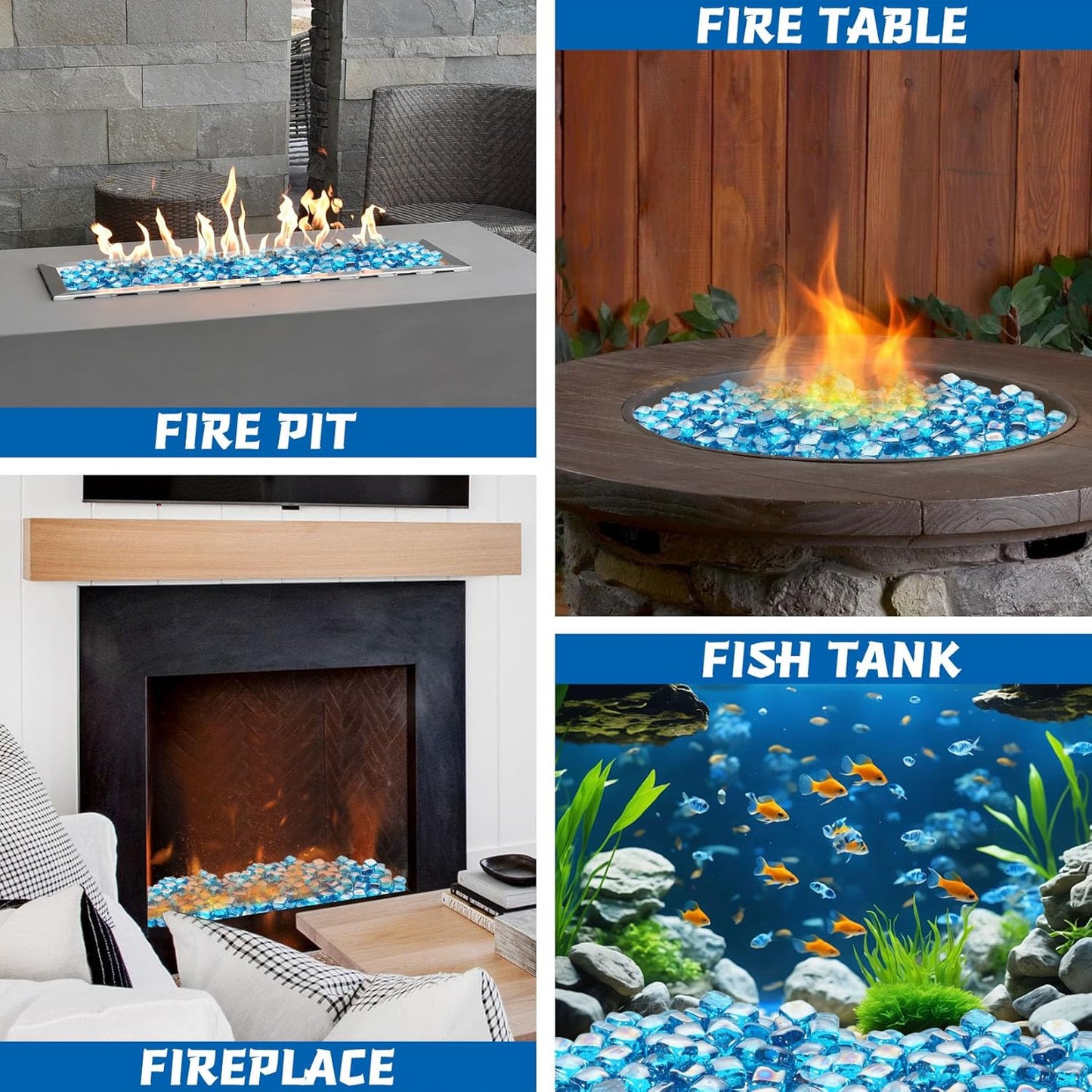 Fire Glass Cube, Fire Pit Rock Square for Indoor or Outdoor, Gas or Propane Firepit or Fireplace, Heat Resistant, No Poping or Breaking, Tempered Glass Bead, Caribbean Blue, 20lb