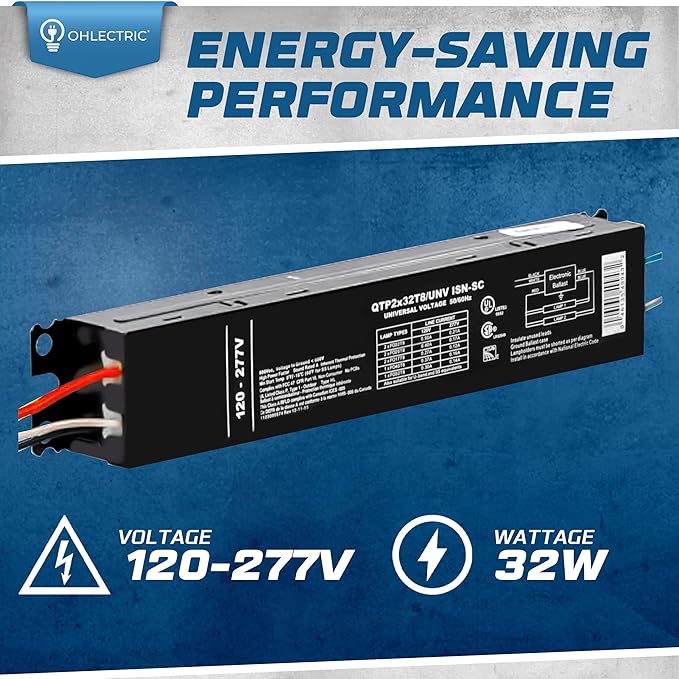 OHLECTRIC 10 Pack - Replacement for Sylvania Ballast QTP 2X32T8/UNV ISN-SC, Philips ICN-2P32-N, Keystone KTEB-232-UV-IS-N-P, for 2 Fluorescent T8 Lamps - 120-277V - 32 Watt
