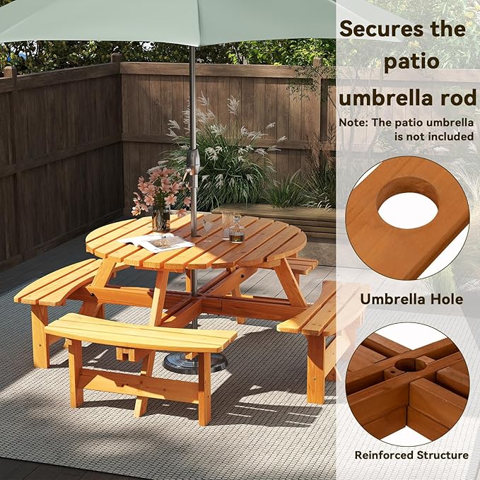 Tangkula 8-Person Wood Picnic Table, Outdoor Round Table and Bench Set with 4 Built-in Benches, Umbrella Hole, Perfect for Outside, Patio, Garden, Backyard, Porch