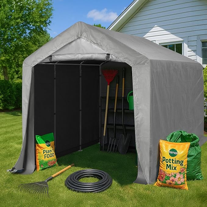Outvita Outdoor Portable Storage Shed Tent, 8x12 ft Waterproof Carport with Roll-Up Zipper Door and Durable Galvanized Steel Frame, Ideal for Motorcycle, GTV, Bike, Wood Tool Lawn Mower Storage