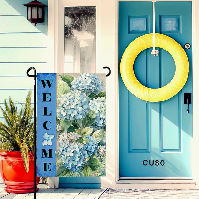 Hydrangea Garden Flags Welcome Spring Summer Yard Flag Waterproof Blue Floral Garden Flag for Outside Double Side Burlap Flowers House Banner Decor Standard Size 12×18 Inch