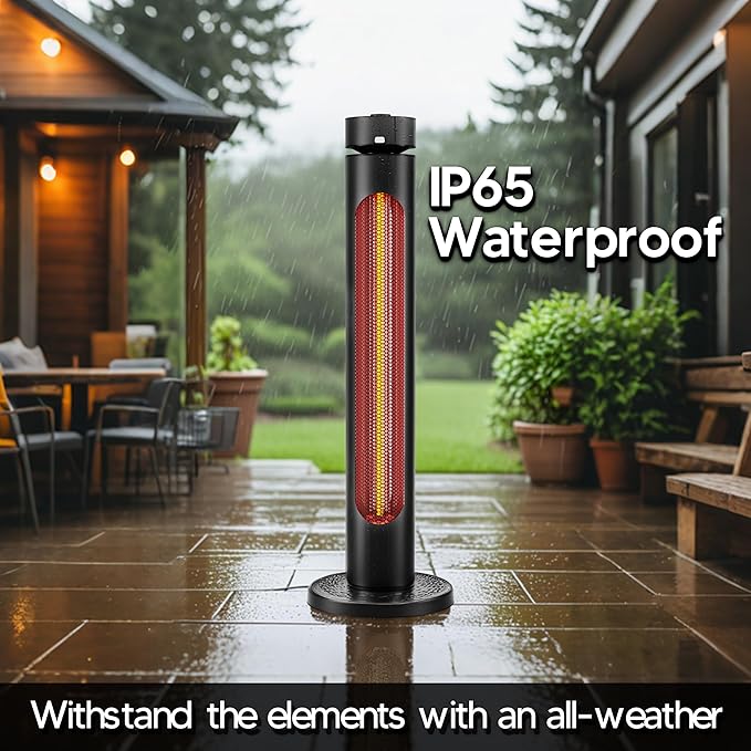 Portable Heater Outdoor Infrared 1500W 8 Heat Levels 8H Timers Carbon Fiber Tube Tip-Over&Overheat Protection IP65 Waterproof Electric Garden Heater, Deep Black