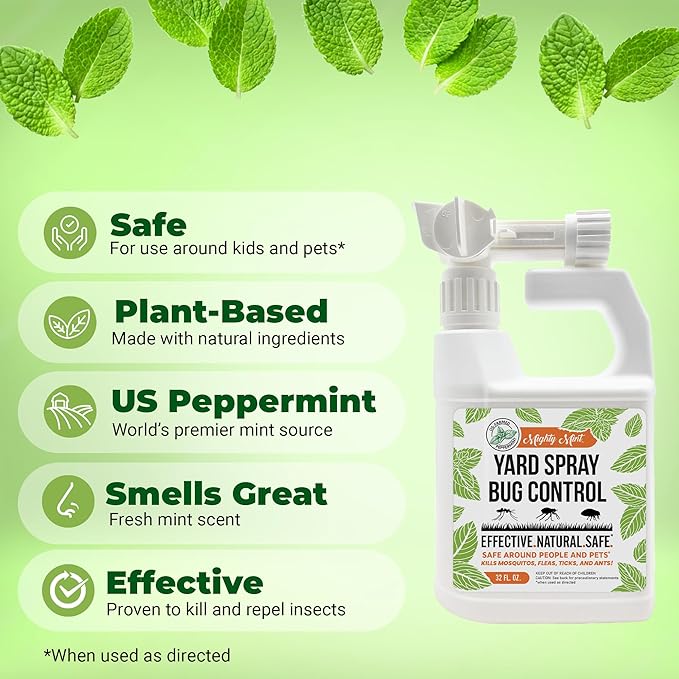 Mighty Mint Peppermint Oil Lawn & Yard Bug Control Spray – Natural Outdoor Pest Repellent for Fleas, Ticks, Mosquitoes, Ants, and More – Plant-Based, Extra-Strength Formula – 32 oz (Pack of 2)