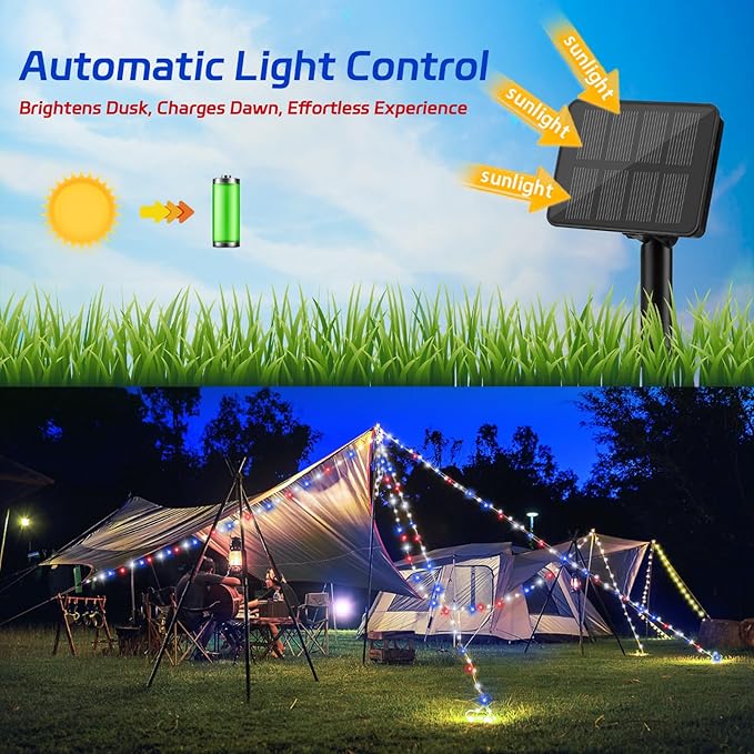 Red White and Blue Solar Fairy Lights, 4th of July Lights Waterproof Outdoor 16.4ft 50LED 8 Modes Memory Function Independence Day Memorial Day Decorations