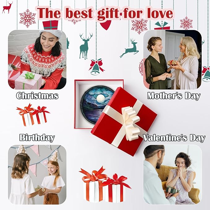 Stained Glass Window Hanging, Blue Night Moon Lake Sun Catchers Colorful Glass Panel Landscape Suncatcher Decor for Birthday for Women, Men, Wife, Aunt, and Mom 6.3 in