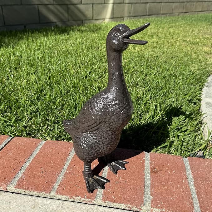 Cast Iron Duck Statue（15.7" Tall） - Heavy Duty Outdoor/Indoor Decor, Rust Brown Garden Art with Lifelike Feather Detailing, Weatherproof Bird Sculpture for Patio, Lawn & Home HC5387