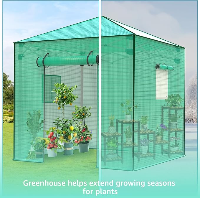 8x8 FT Portable Walk-in Greenhouse with 2 Mesh Roll-Up Windows & Roll-up Zipper Door - Easy Setup for Indoor/Outdoor Gardens, PE Cover, Green