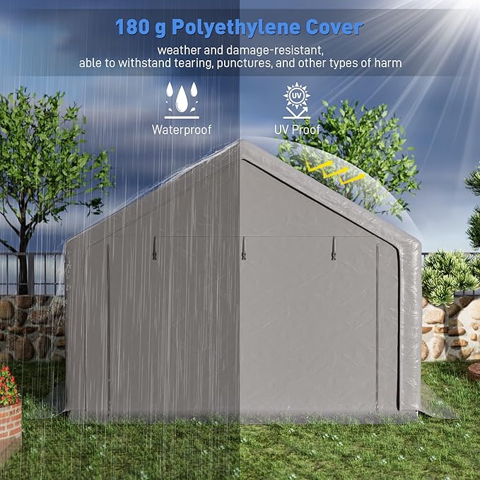 Outdoor Storage Shelter, 10x10 ft Portable Shed with Roll up Zipper Door, Waterproof and UV Resistant Anti-Snow, Heavy Duty Carport for Storing Garden Tools, Outdoor Equipment