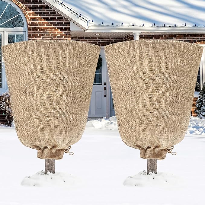 Riare 2 Packs 40 × 47 Inch Burlap Winter Plant Cover Bags with Drawstring- Reusable Large Burlap Sack Plant Frost Protector, Plant Frost Cloth Cold Tree Freeze Blanket for Outdoor Plants Shrubs Fruit