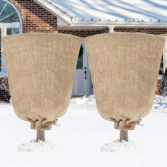 Riare 2 Packs 40 × 47 Inch Burlap Winter Plant Cover Bags with Drawstring- Reusable Large Burlap Sack Plant Frost Protector, Plant Frost Cloth Cold Tree Freeze Blanket for Outdoor Plants Shrubs Fruit