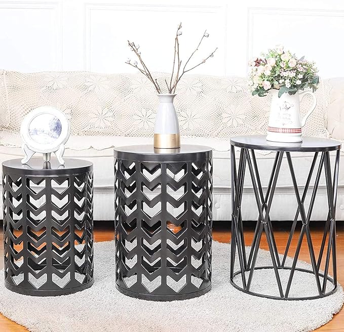 Y&M Set of 3 Stacking Coffee Tables for Living Room End Tables, Nesting Side Table, Outdoor Decorative Garden Stool with Heavy Duty Modern Industrial Decor - Black (Ship from US)