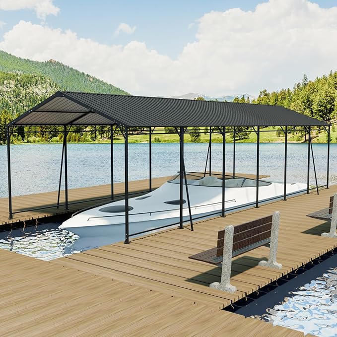 Carport, Heavy Duty Carport with Galvanized Steel Roof and Frame, Metal Large Garage with 4 Fixed Inclined Square Tube Supports (12 * 32 FT)