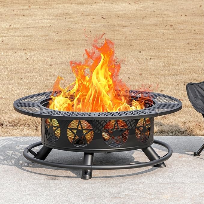 36 Inch Fire Pit with 2 Grills, Wood Burning Fire Pits for Outside with Lid & Poker, BBQ& Outdoor Firepit & Round Metal Table 3 in 1 for Patio, Picnic, Party