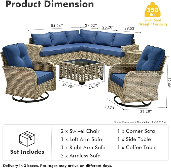 HOOOWOOO Outdoor Sectional Patio Furniture Set,9 Pieces Wicker Conversation Sets L Shaped Couch,Extra Deep Out Door Sofa Outside Furniture with Rocking Chairs,Navy Blue