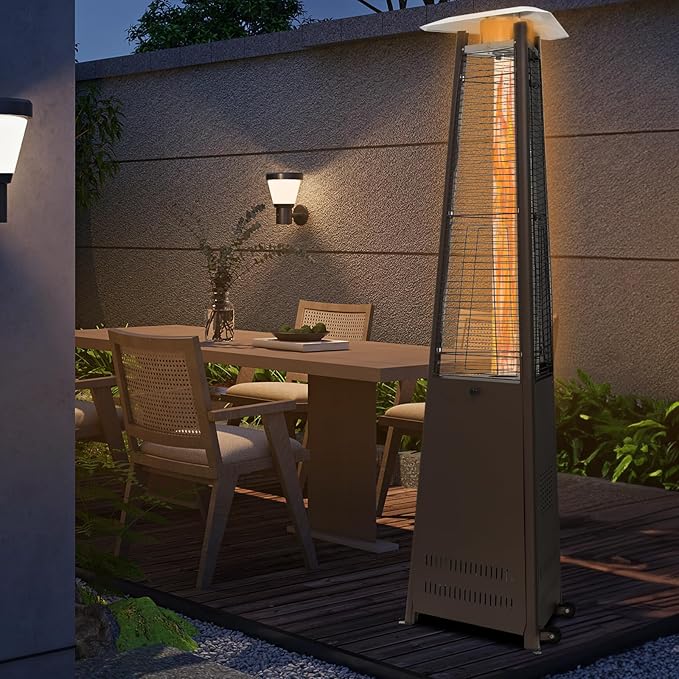 MoNiBloom 42000 BTU Propane Pyramid Patio Heater with Wheels and Glass Tube Flame Burner Outdoor Patio Heater for Commercial Use, Residential, Garden, Backyard, Porch, Deck, Balcony (Coffee Brown)