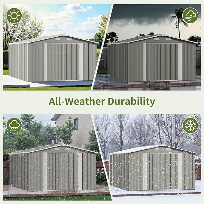 10×14 FT Outdoor Storage Shed, Light Grey Workshop Shed with 3 Lockable Doors & 4 Vents for Backyard, Patio, Lawn, Garden Tool & Lawn Mower Storage - Ideal for Homeowners, Gardeners & DIYers
