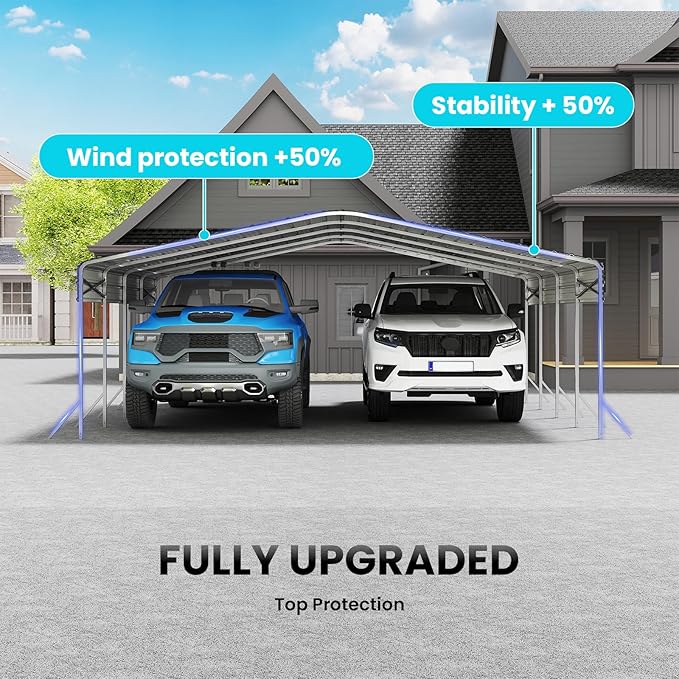 20x20' Heavy Duty Metal Carport – Sturdy Structure, All-Weather Protection, Easy Assembly for Cars, Trucks, Boats, Tractors, and Outdoor Storage (White, 20x20FT)