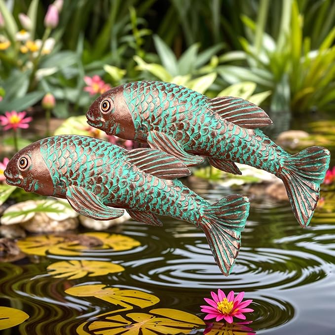 Garden Statues,Koi Fish Decor,Set of 2 Antique Koi Fish Garden Statue,Sculpture for Outdoors,Patio Decor,Backyard and Home Kitchen Decoration,Gifts for Mom Women Grandma