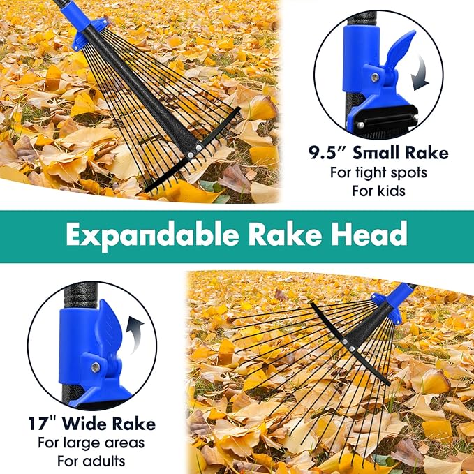 Rake, Leaf Rake with Expandable Head,18 Teeth, Adjustable 53 Inch Long Handle, 17 Inch Wide, Heavy Duty Collapsible Yard Rakes for Lawn Flowers Beds Gardening