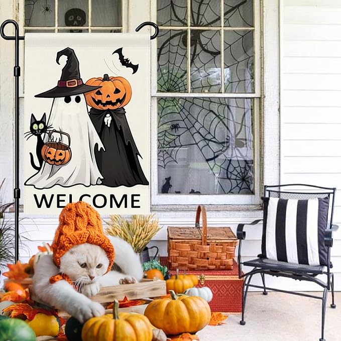 Welcome Halloween Garden Flag 12x18 Double Sided Outside Ghost Jack-o'-Lantern Bat Outdoor Decorative Burlap Yard Flag