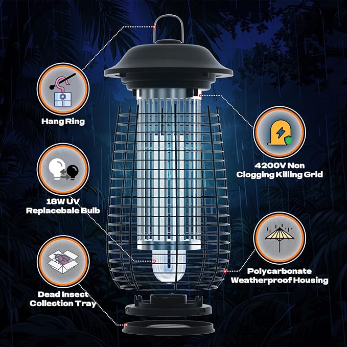 Bug Zapper Indoor & Outdoor, 4200V Electric Mosquito Zapper, 10 Years Lifespan, 6.5ft Power Cord, Waterproof, Fly Trap Mosquito Trap, Fly Killer Fly Zapper for Home, Patio, Kitchen, Backyard, Camping