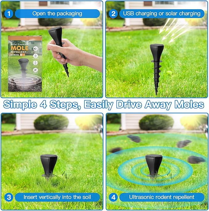 8 Pack Mole Repellent Solar Powered, Snake Vole Repellent Outdoor, IP65 Waterproof Snake Deterrent Gopher, Waterproof Sonic Mole Spikes for Lawn and Garden, Get Rid of Moles, Groundhogs, and Rodents
