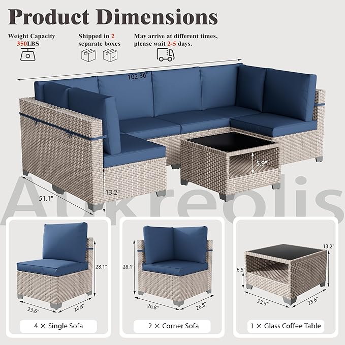 7 Pieces Patio Furniture Set, Outdoor Sectional Wicker Sofa with Thick Cushions and Storage Coffee Table, Rattan Patio Conversation Sets for Deck Yard Poolside, Navy