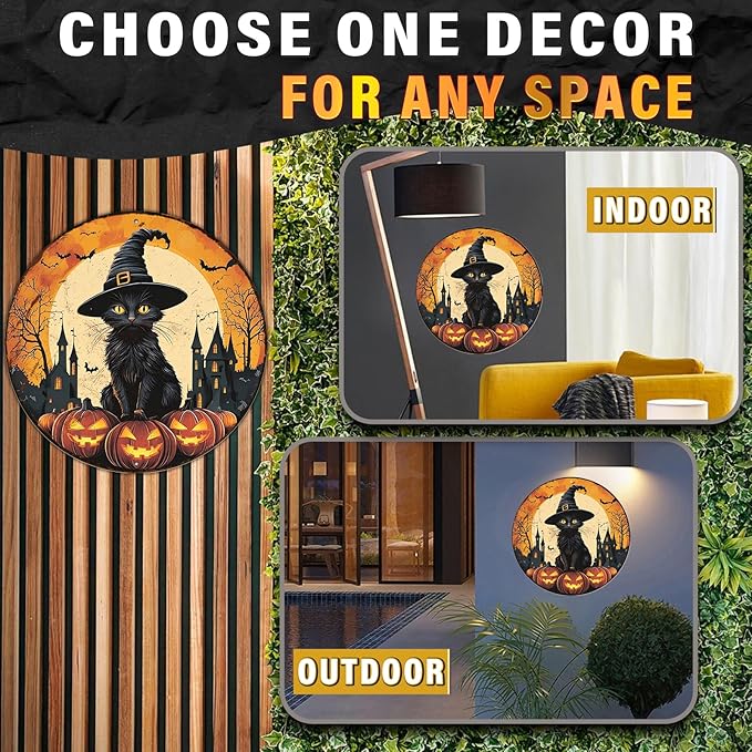 PEACHGARDEN Round Black Cat With Bats On Pumpkin Vintage Sign Halloween Metal Tin Sign for Home Bar Kitchen Hotel Dining Room Coffee 12x12inch