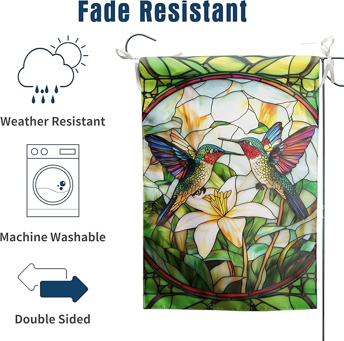 Stained Glass Hummingbird Garden Flags Floral Spring Flag Summer Flower Yard Flags for Outside 12x18 Double Sided Small Outdoor Seasonal Flags for Lawn Porch Patio Decor