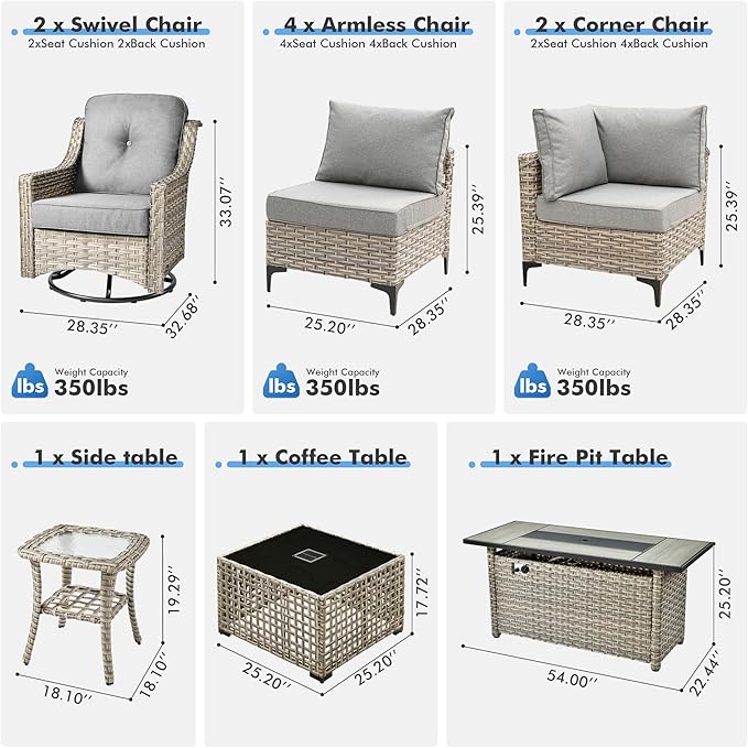 HOOOWOOO Outdoor Patio Furniture Set with Fire Pit Table,11 Pieces Wicker Out Door Sectional Furniture L Shaped Couch,Outside Patio Conversation Swivel Chair Sets,Charcoal Gray