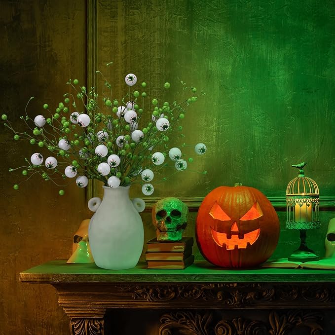 8 Pack Halloween Eyeball Picks Artificial Berry Stems Hlalloween Flowers with Fluorescent Eyeball Branches for Vase Filler, Table Centerpieces & Party Decor