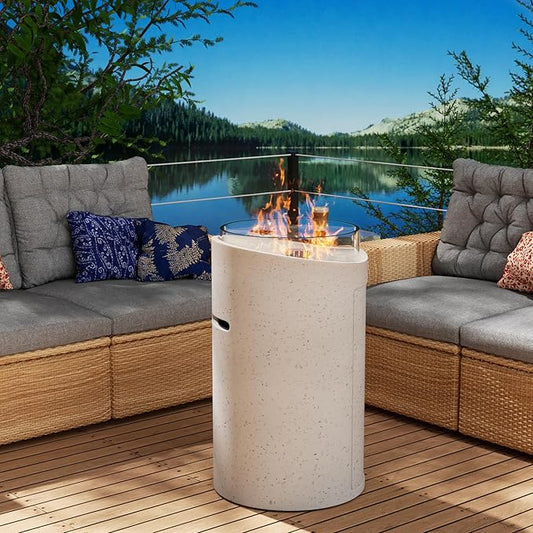 Outdoor Cylinder Propane Fire Pit Table – Premium Terrazzo-Like MgO Finish, Sturdy & Waterproof Gas Fire Table with Glass Wind Guard for Patio, Garden & Backyard, Includes Rain Cover & Glass Bead