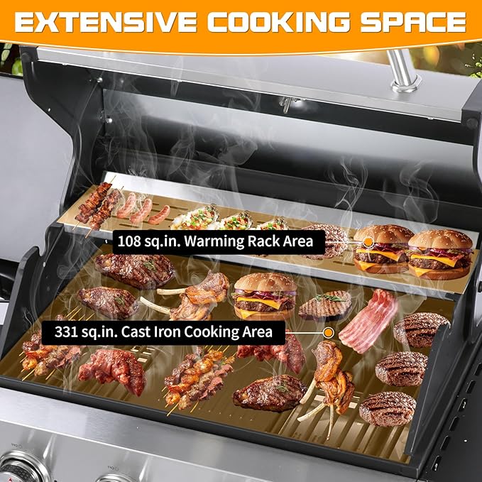 CIG GARDEN 4 Burner Propane Gas Grill with Side Burner,3 in 1 Propane Gas BBQ Grill,Double-layer Stainless Steel BBQ Grill Lid with Cast Iron Grates,52000 BTU Output for Camping, Patio, Backyard