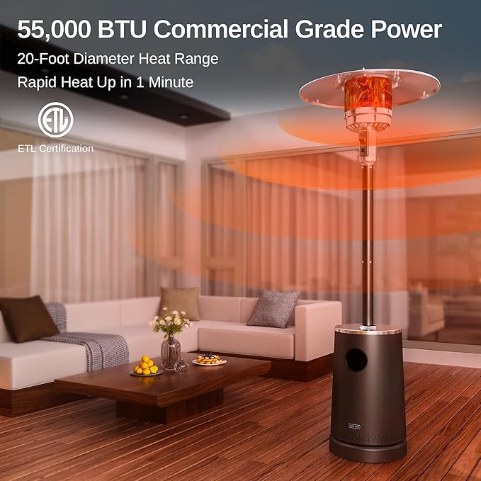 EAST OAK 55,000 BTU Patio Heater with Sand Box, Table Design, Thicker Stainless Steel Burner, Wheels, Triple Protection System, Propane Outdoor Heater for Home and Residential, Commercial Grade, Brown