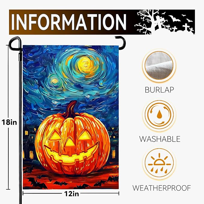 Halloween Garden Flag Pumpkin Van Gogh Arts Yard Flag Arts Starry Night Sky Moon Bat Double Sided House Banner Fall Oil Paintitng Porch Patio Lawn Farmhouse Outside Decor 12 x 18 Inch