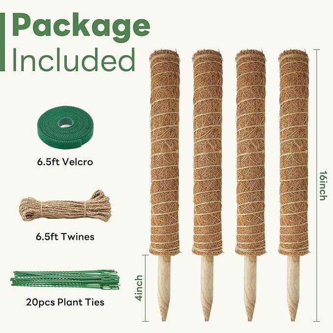 Moss Pole for Plants Indoor - 4 Pack Plant Poles for Climbing Plants to Grow Upright 16 inch Stackable Moss Sticks Coir Totem Pole Plant Support for Monstera Pothos Philodendrons Potted Plants