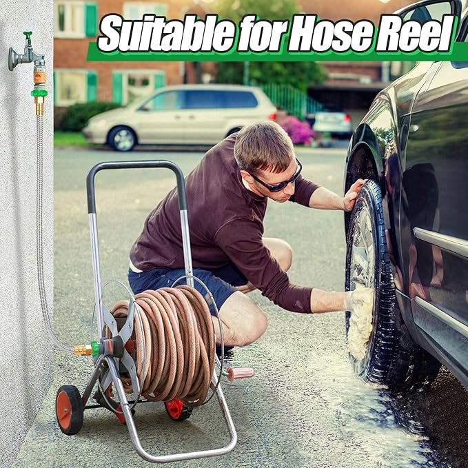 3ft Short Garden Hose with Female to Female Connector - Metal Leakproof Leader Hose for Hose Reel, Heavy Duty 304 Stainless Steel Flexible Hose for Outdoor Garden Watering Car Pet Cleaning