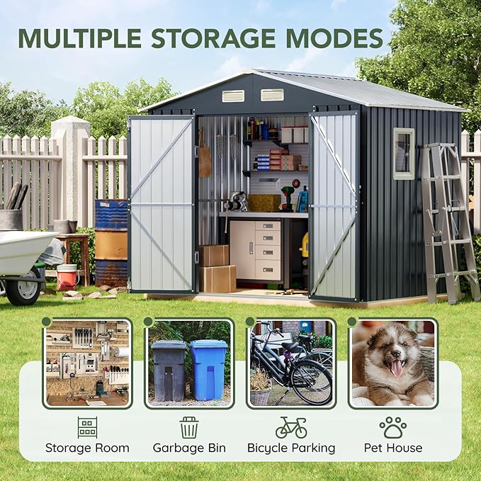 6x8FT Outdoor Metal Storage Shed, Double Door, 1 Clear Window, Tool Shed for Garden, Patio, Backyard