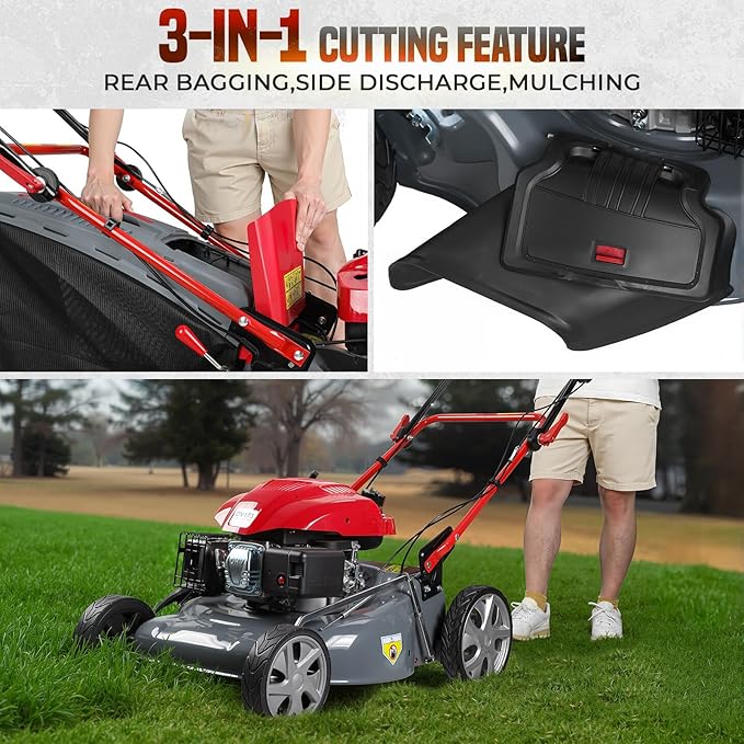 20-Inch Gas Lawn Mower | Self-Propelled Push Mower with 173cc Engine & 60L Grass Bag for Medium to Large Yards (Red)