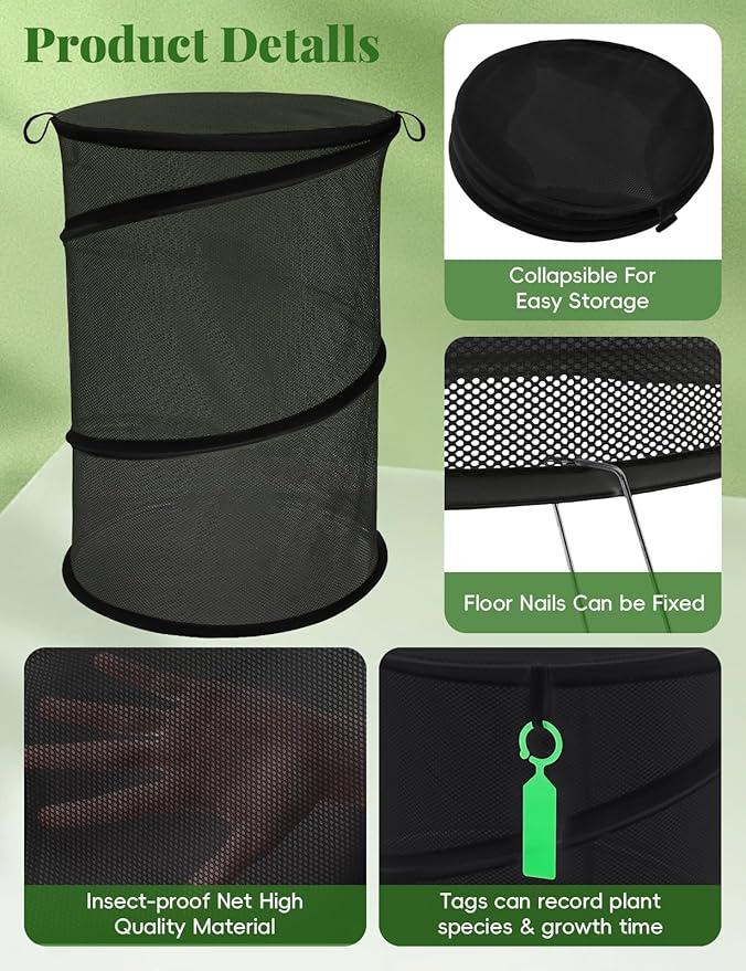 4 Pack Pop Up Plant Covers from Animals, 20" H X 13" D Insect Garden Covers, Round Foldable Mesh Plant Cover, Plant Protectors for Outdoor Plants, with Stakes and Labels (Black)