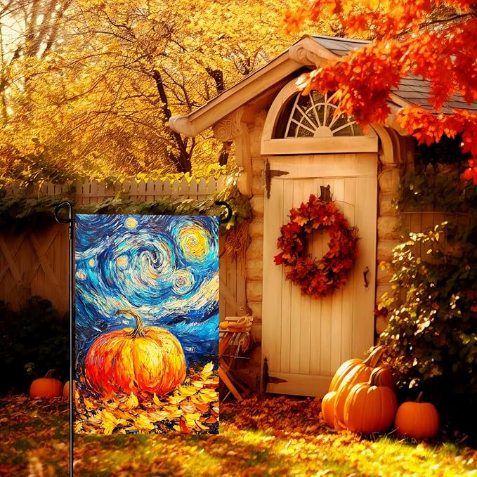 Fall Pumpkin Garden Flag Autumn Golden Leaf Yard Flags Van Gogh Oil Painting House Banner Art Starry Night Sky Moon Thanksgiving Harvest Garden Flags for Outside Porch Lawn Decor 12 x 18 Inch